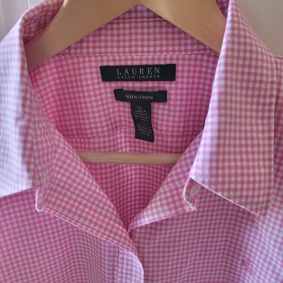 Lauren Ralph Lauren Pink and White Gingham Print Button Up Blouse Size XL Barbie - Picture 5 of 5